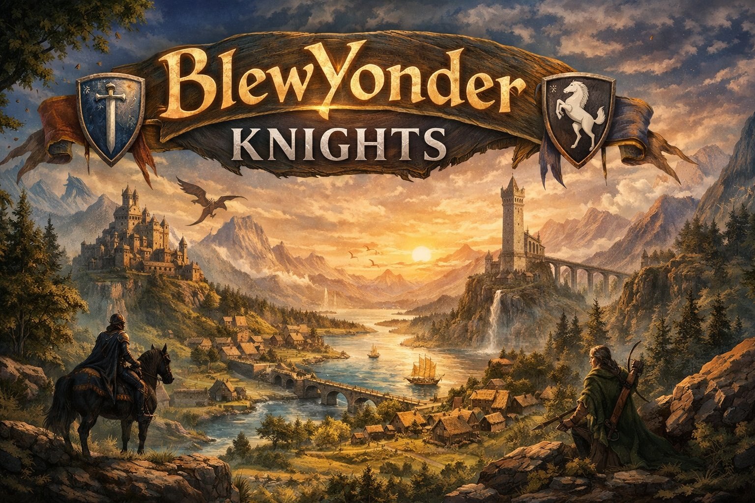 The realm of BlewYonder — castles, river, and dragon at sunset
